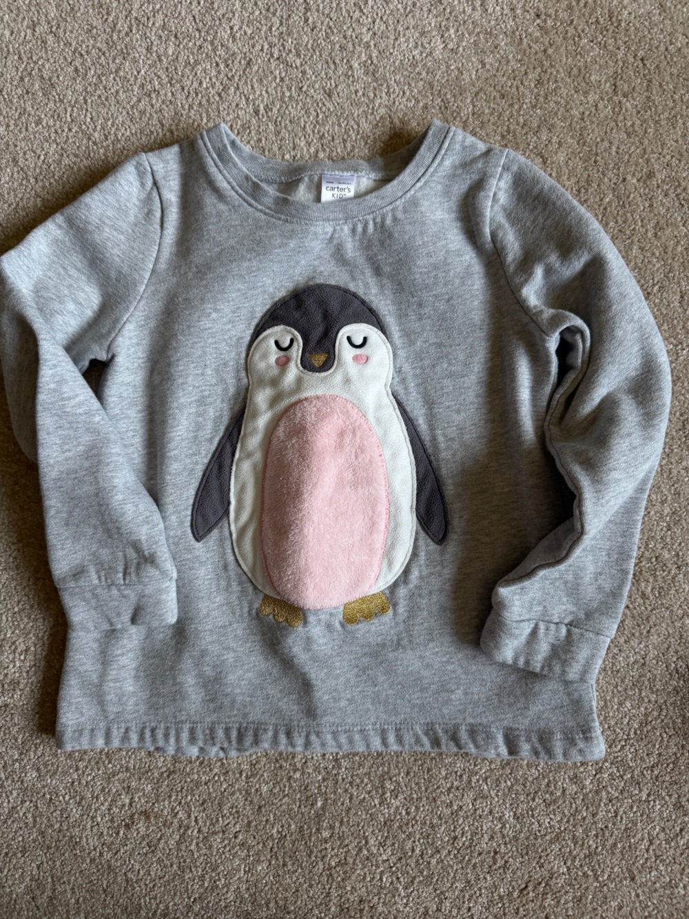 Carter's Light Gray Penguin Applique Sweatshirt with Pink Belly